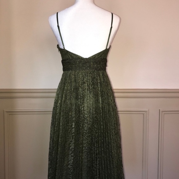 Sue Wong Olive Green Floral Crochet Lace Midi Dress Pleated 2 Formal - Picture 6 of 8